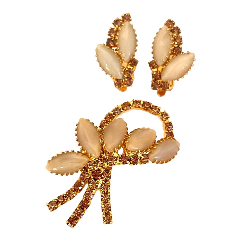 Vintage 1950s Rhinestone Brooch Earring Set Gold Tone Navette Demi Parure - 3C